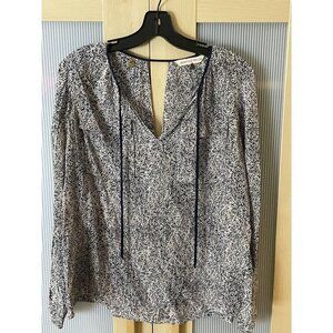 REBECCA TAYLOR 100% Silk Blouse White Blue Top Floral V-Neck Size 2‎ Or Medium